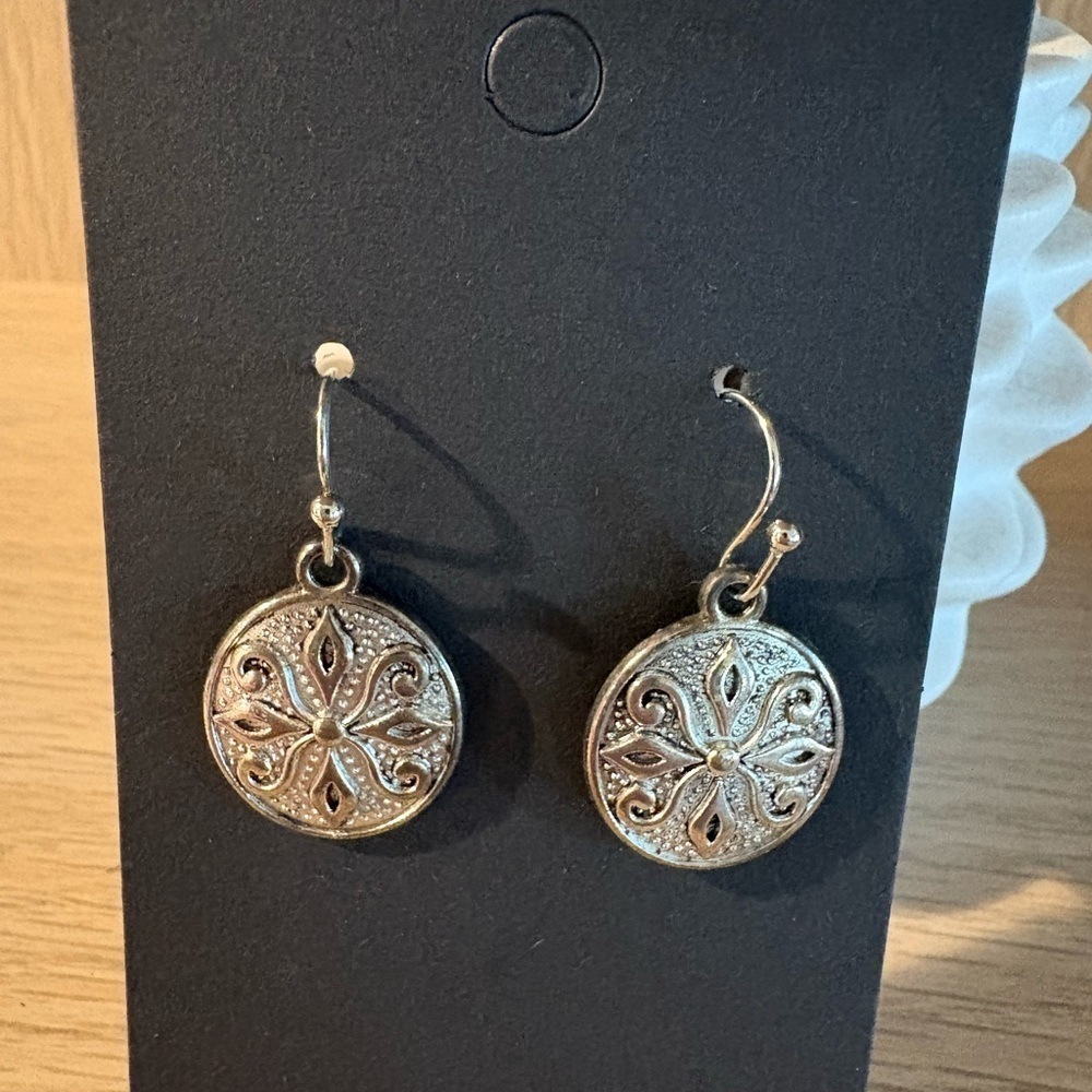 Silver Floral Cut-Out Disc Earrings with Wire Hooks